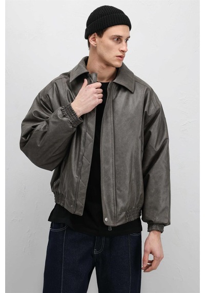 Vamos Oversize Deri Bomber Ceket Vizon
