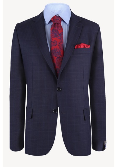 Erkek Lacivert Kareli Yünlü Slim Fit Takım Elbise