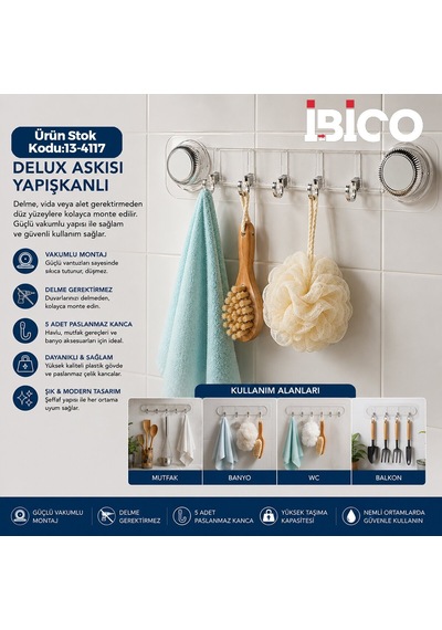 İbico İ13-146 Delux Vakumlu Askı - 5 Kollu Plastik 38,5 Cm Yapışkanlı- 10'li Paket Diğer