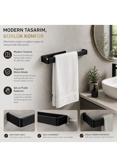 Lamalı Siyah Yapışkanlı Lüks Tasarım Solo Peçetelik, Metal Havluluk, Hem Yapışkanlı Hem Vidalı Montajlı, Banyo Ve Mutfak İçin Modern Duvar Havlu Askısı -