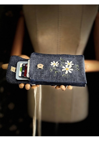 Meadov Nakış İşlemeli Keten Telefon Çantası, Telefon Kılıfı V27 Mavi