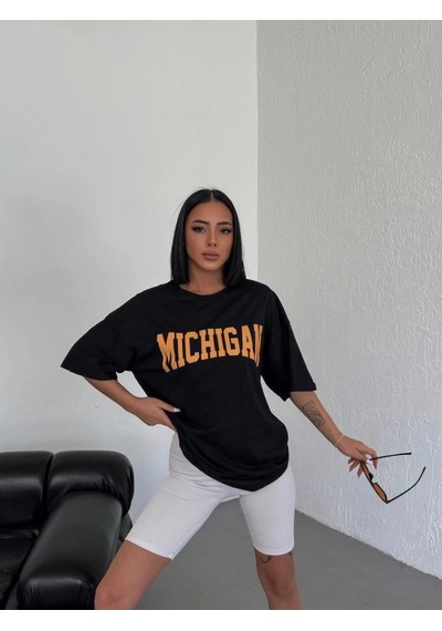 Vinevesta Kadın Baskılı T-shirt Kısa Kol Bisiklet Yaka Oversize Tişört - Siyah Çok Renkli