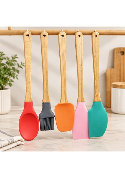 5 Parça Bambu Saplı Silikon Kaşık Seti Çok Renkli