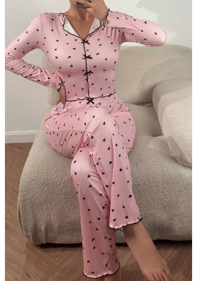 Bella Notte V Yaka Baskılı Fiyonk Detaylı Uzun Pijama Takımı Siyah