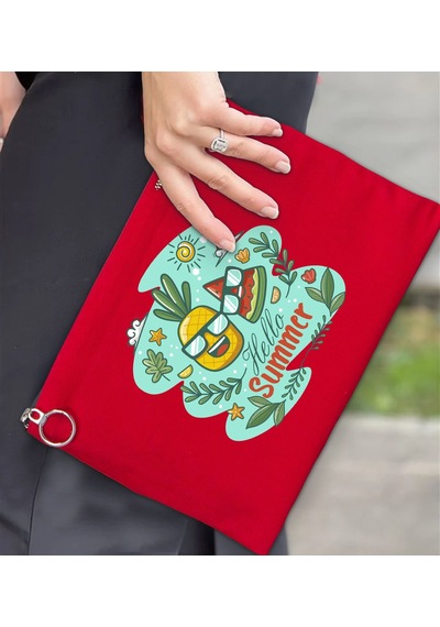 Bk Gift Yaz Temalı Astarlı Kırmızı Portföy Çanta 30x21cm, Baskılı El Çantası, Organizer Çanta