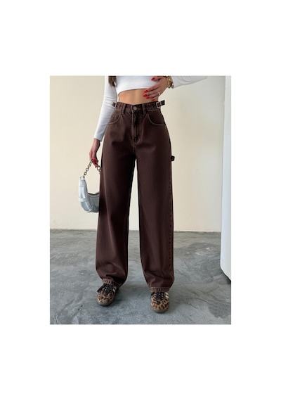 Bluemarlin Yan Kemer Kahve Tokalı Kargo Cep Detaylı Baggy Jeans Kahve Taş Yıkama