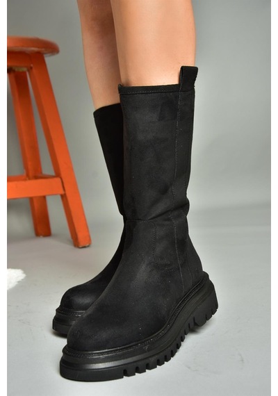 Fox Shoes R312104902 Siyah Süet Kalın Tabanlı Kadın Çizme Siyah