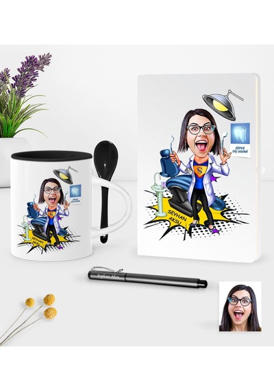 Kişiye Özel Bayan Diş Hekimi Karikatürlü Beyaz Defter Kalem Kaşıklı Kupa Seti - 1