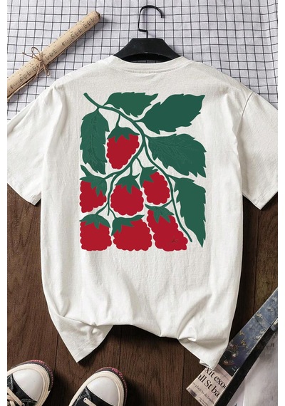 Spoyi Strawberry Tasarımlı %100 Pamuk Yarım Oversize Beyaz T-shirt