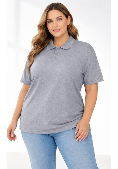 Novalisse Kadın Battal Beden Tişört Polo Yaka Pike Kumaş Kısa Kol T-shirt - Gri Çoklu Renk