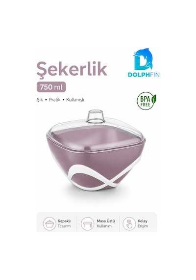 Dolpfin 750 Ml Kapaklı Şekerlik Siyah Beyaz Masaüstü Toz Ve Küp Şeker Kabı Bpa İçermez Mor