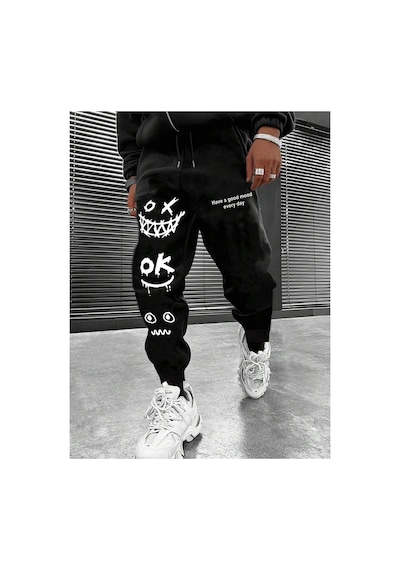 Tarzsokak Cartoon & Slogan Graphic Drawstring Waist Eşofman Altı Siyah