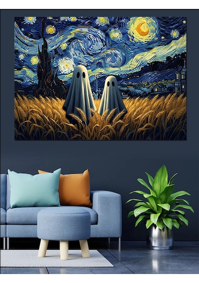 Yıldızlı Gece Van Gogh Hayalet İllüstrasyonu Dekoratif Kanvas - Mdf Ahşap Tablo
