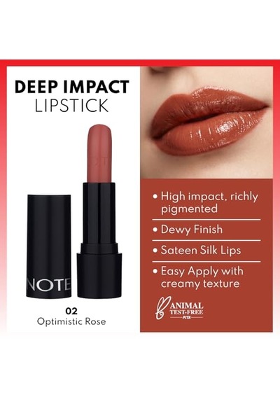 Note Cosmetics Deep Impact Lipstick 02 Optimistic Rose Kremsi Dokulu Yarı Parlak Ruj, Nude 00