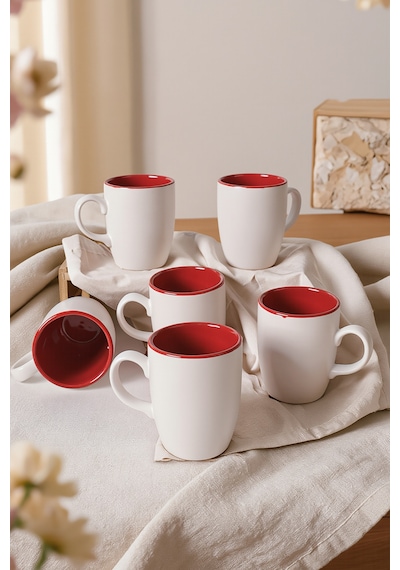 Keramika Mat Beyaz / Kırmızı Bulut Kupa 9 Cm 6 Adet Çok Renkli