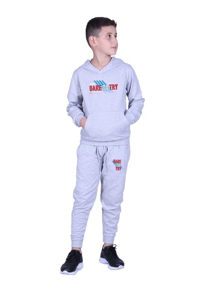 Fyk Kids Kapüşonlu Kanguru Cepli Dare To Try Yazı Baskılı Erkek Çocuk Eşofman Takımı Gri