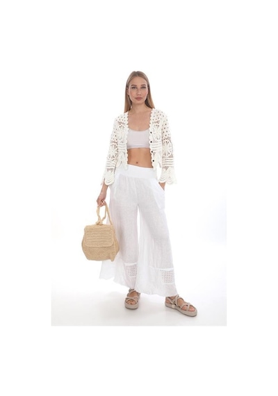 Eren Style İtalyan Fisto Detaylı Keten Pantolon-9186 Beyaz