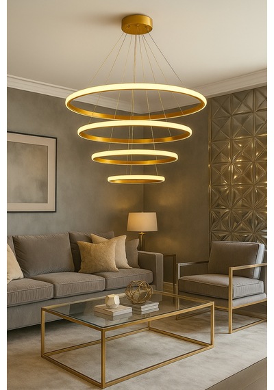 4'lü Çember Modern Sarkıt Led Avize Kumandalı Gold Çok Renkli