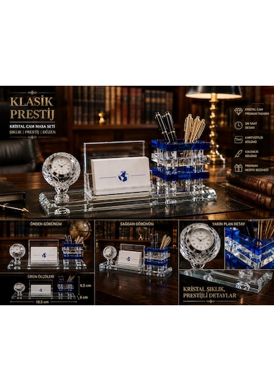 Premium Hediye Ofis Kristal Cam Saatli Kalemlik Kartvizitlik Yönetici Masaüstü Organizer Seti Mavi Çok Renkli