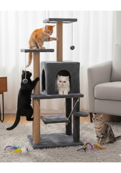 Pet Y01 Salıncaklı Yuvalı Lüx Kedi Tırmalama Oyun Evi Antrasit