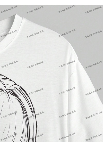 Tarzsokak Unisex Bay Anime Sevimli Anime Kız Baskı Casual Kadın Gevşek Kısa Kollu Tişört Kod-1308 Beyaz