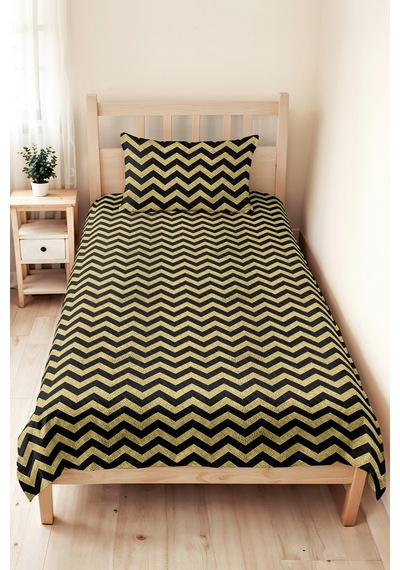 Siyah Gold Geometrik Zigzag Genç Odası Tek Kişilik Pike Takımı-altın Renkli Yatak Örtüsü-160x220 Cm Sarı