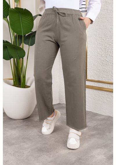 Nevayla Moda Beli Lastikli Keten Pantolon - Haki / A0104 Haki