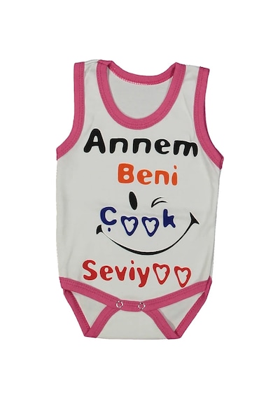 Bebegen Kız Bebek Beyaz Fuşya Biyeli Annem Beni Seviyor Yazılı Askılı Zıbın Çok Renkli