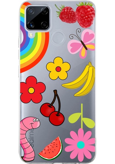Realme C15 İle Uyumlu 1mm Slim Fit Water Color 5 Baskılı Şeffaf Kılıf Şeffaf