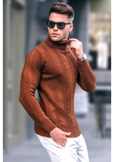 Madmext Camel Desenli Balıkçı Yaka Triko Kazak 5769 Camel