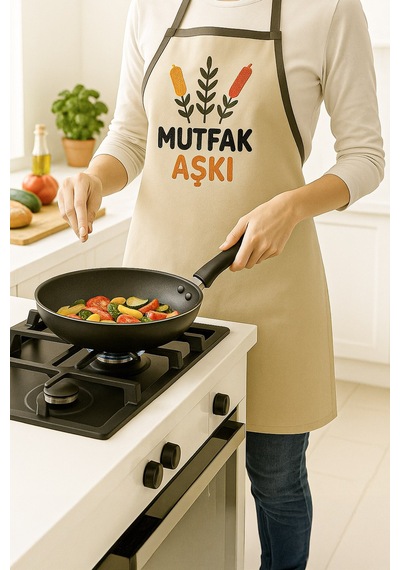 Mutfak Aşkı Nakışlı Keten Yıkanabilir Mutfak Önlüğü Standart Beden 1 Adet 50x70 Cm Bej