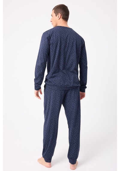 L'espadon Oceanripple Premium Örme Pamuk Uzun Kollu Henley & Uzun Pantolonlu Erkek Pijama Takımı-3228 Lacıvert