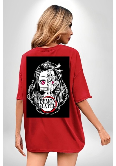 Anime Demon Slayer Kırmızı Oversize Unisex Ön Ve Sırt Baskılı Tişört Kırmızı