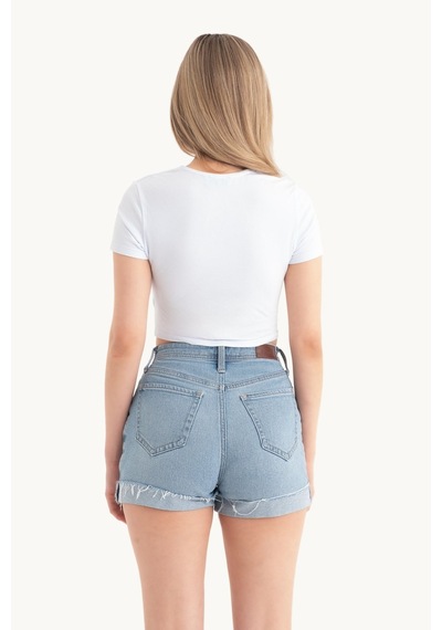 Hiccup Derin V Yaka Önü Bağlamalı Kısa Kollu Crop Top Beyaz