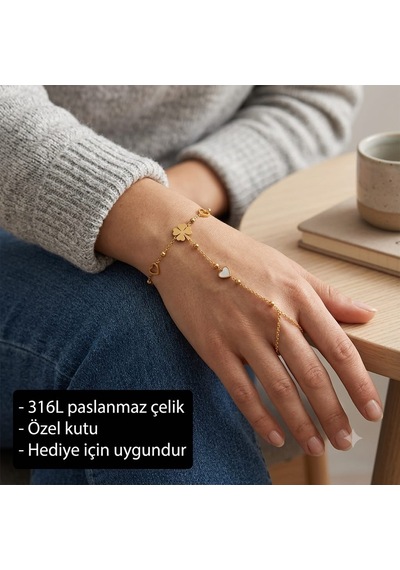 Lunéa Charm Hand Chain Bracelet Dört Yapraklı Yonca Ve Kalp Figürlü Şahmeran Bileklik Çok Renkli
