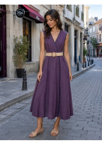 Eren Style İtalyan Belden Dolamalı Anvelop Keten Elbise Boyu:126 Cm'dir. Mor Eren Style İtalyan Belden Dolamalı Anvelop Keten Elbise Boyu:126 Cm'dir. Mor