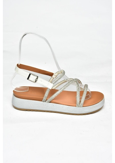 Fox Shoes S314002409 Beyaz Taş Detaylı Kadın Sandalet Beyaz