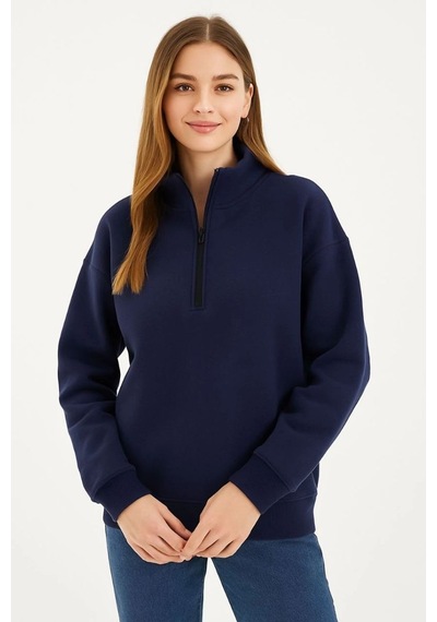 Mbb E-ticaret Kadın 3 İplik Pamuklu Dık Yaka Yarım Fermuarlı Sweatshirt - Lacivert