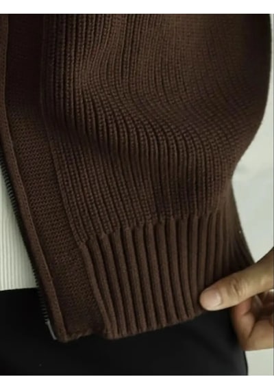 Tarz Cool Erkek Dik Yaka Fermuarlı Slim Fit Triko Hırka Kahverengi