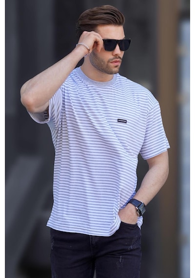Madmext Gri Bisiklet Yaka Çizgili Kısa Kollu Arma Detaylı Erkek T-shirt 7031 Gri