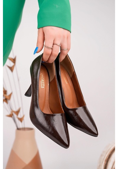 Nesilshoes Nesil Shoes Senyo K72 Kahve Rugan Baskı Topuklu Kadın Stiletto