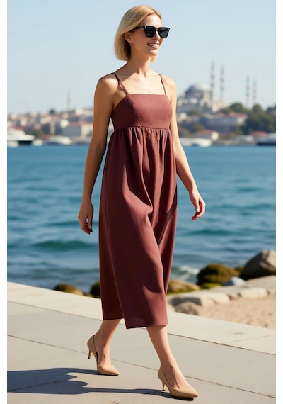 Benerly Kadın Askılı Straplez Maxi A-line Keten Dokuma Elbise Kolsuz Raha Kahverengi