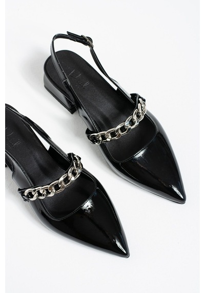 Duxal Shoes Violet Kısa Topuk Zincir Detaylı Klasik Topuklu Ayakkabı - Babet Siyah