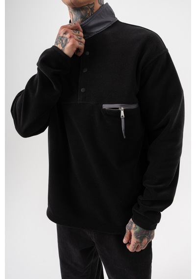 Respire Erkek Düğme Detaylı Oversize Polar Sweatshirt Siyah