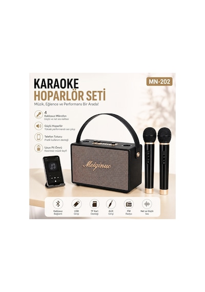 Mn-202 Çift Kablosuz Mikrofonlu Bluetooth Karaoke Spekaer Şarjlı Taşınabilir Hoparlör Hafıza Kartı Ve Usb Girişli Partybox 15w Ses Bombası