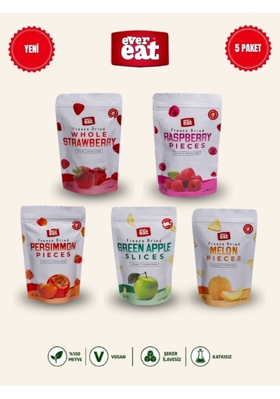 Evereat Freeze Dry Meyve Cipsi 5'li Set Çilek Frambuaz Hurma Elma Kavun Kurutulmuş Meyve 1 Adet