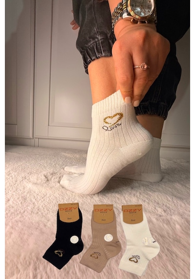 Ozzy Socks 3 Çift Kadın Taş Detaylı Dikişsiz & Takviyeli Patik Çorap Metalik