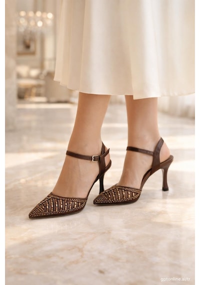 Modaonn Kadın Taş İşlemeli Slingback İnce Topuk Ayakkabı Kahverengi