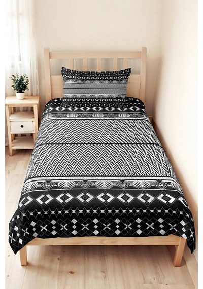Siyah Geometrik Genç Odası Tek Kişilik Pike Takımı - Bohem Beyaz 160x220 Cm Kapitone Yatak Örtüsü Kırsal Saten Nefesi