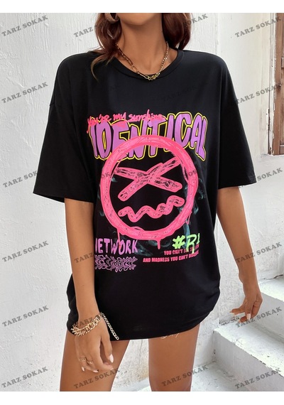 Flood Of Style Unisex Bay Harf Grafikli Düşük Omuzlu Tişört Kod-1385 Siyah